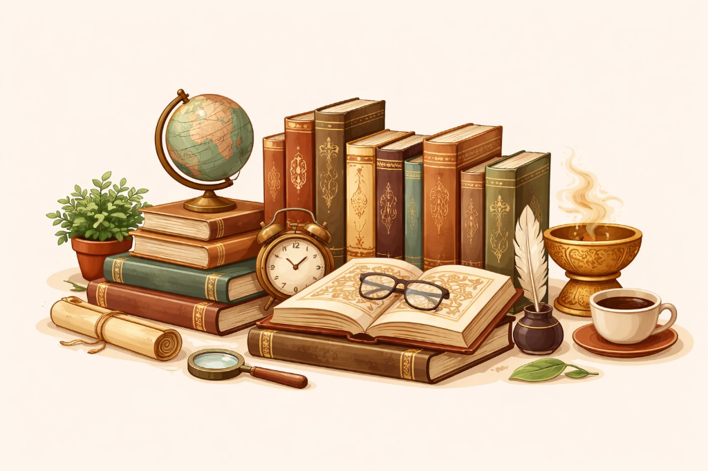 Classic books, globe, and scholarly items